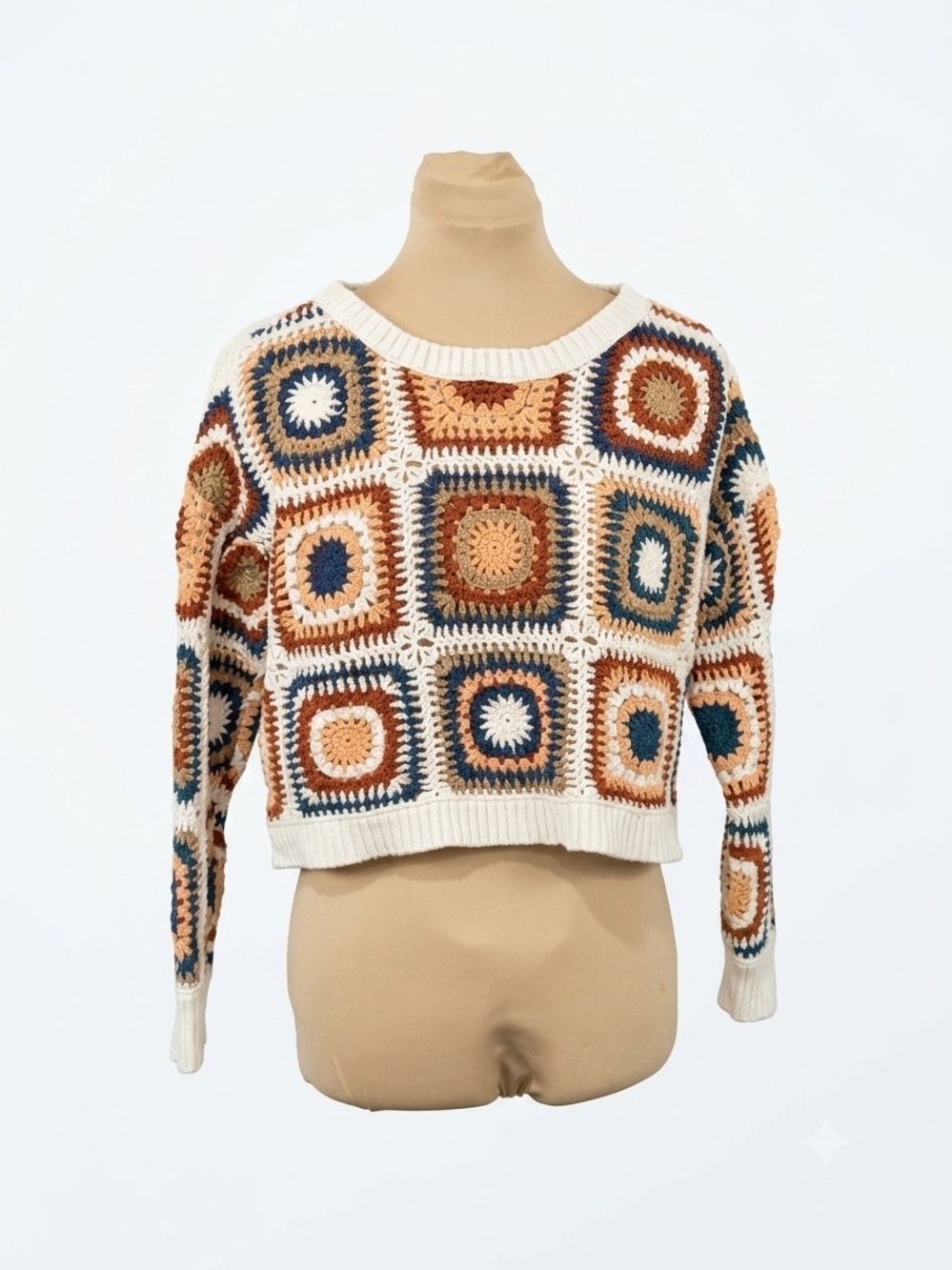 American Eagle Boho Crochet Granny Square Cropped Sweater Sz M 100% Cotton